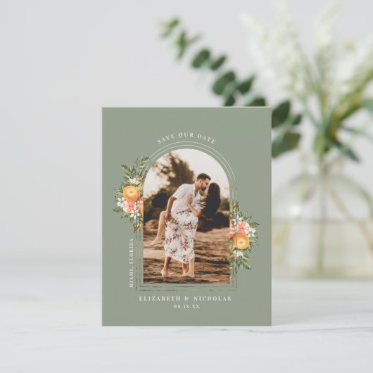 Elegante citrusboomgaard | Boho save the date (Staand voorkant)
