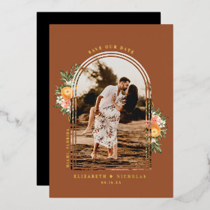 Elegante citrusboomgaard Boho Save the Date-foto Folie Uitnodiging