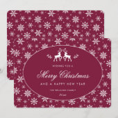 Elegante Claretrode Wit Sneeuwvlok Rendier Feestdagenkaart (Voorkant / Achterkant)