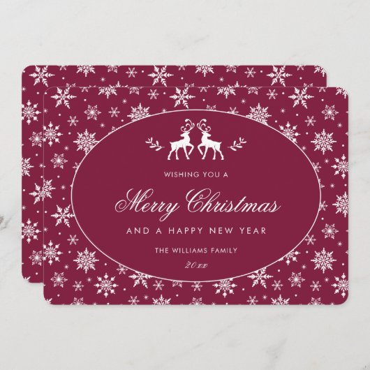 Elegante Claretrode Wit Sneeuwvlok Rendier Feestdagenkaart (Voorkant / Achterkant)