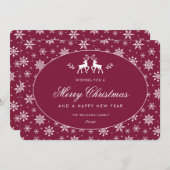 Elegante Claretrood Wit Sneeuwvlok Rendier Feestdagenkaart (Voorkant / Achterkant)