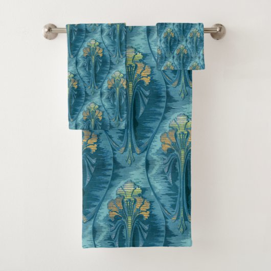 Elegante Classic Art Nouveau Blauwgroen golvende b Bad Handdoek (Insitu)