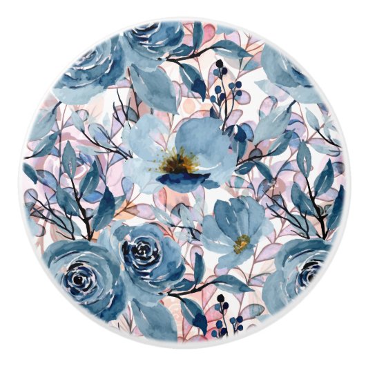 Elegante Classic Bloemen Blauw, Mauve, Bord Roze Keramische Knop (Voorkant)