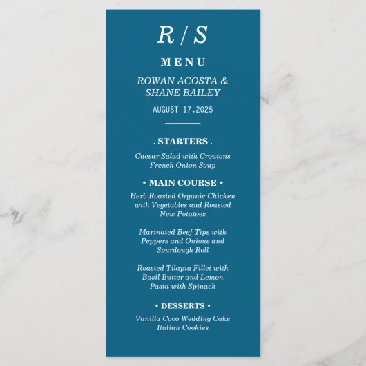 Elegante Classic Blue Monogram Wedding Menu Kaart (Voorkant)