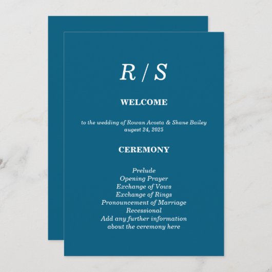 Elegante Classic Blue Monogram Wedding Program Kaa Programmakaart (Voorkant / Achterkant)