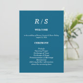 Elegante Classic Blue Monogram Wedding Program Kaa Programmakaart (Staand voorkant)