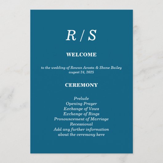 Elegante Classic Blue Monogram Wedding Program Kaa Programmakaart (Voorkant)