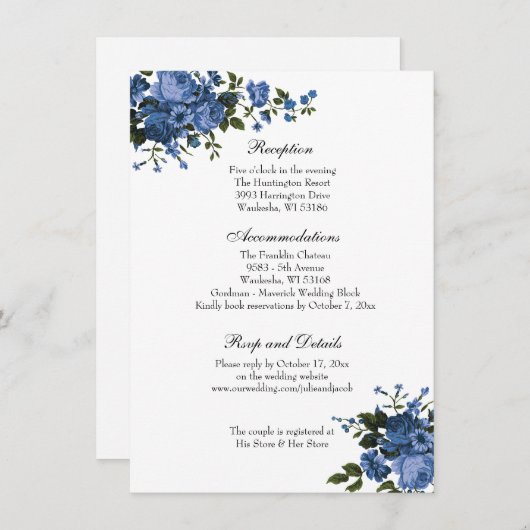 Elegante Classic Blue Rozen bruiloft receptie Kaart (Voorkant / Achterkant)