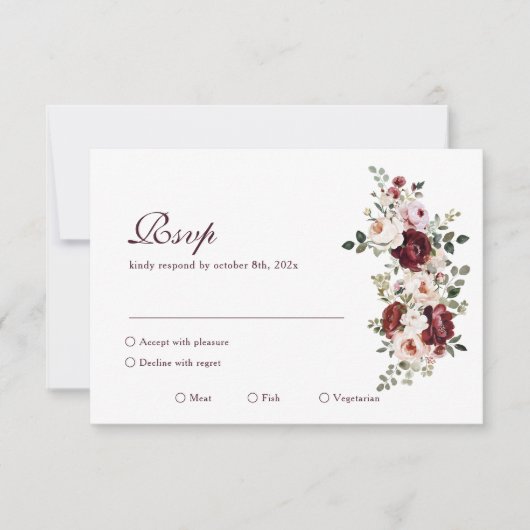 Elegante Classic Bourgondische Roos bruiloft RSVP Kaartje (Voorkant)