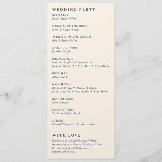 Elegante Classic Cream & Franse Blauwe Bloemen Huw Programmakaart (Achterkant)