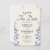 Elegante Classic Cream & Franse Blauwe Bloemen Huw Save The Date (Voorkant)
