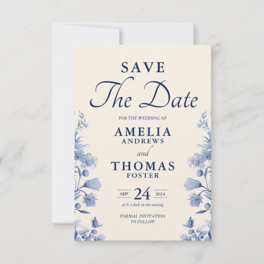 Elegante Classic Cream & Franse Blauwe Bloemen Huw Save The Date (Voorkant)