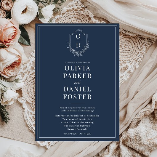 Elegante Classic Crest Navy Blue Wedding Kaart