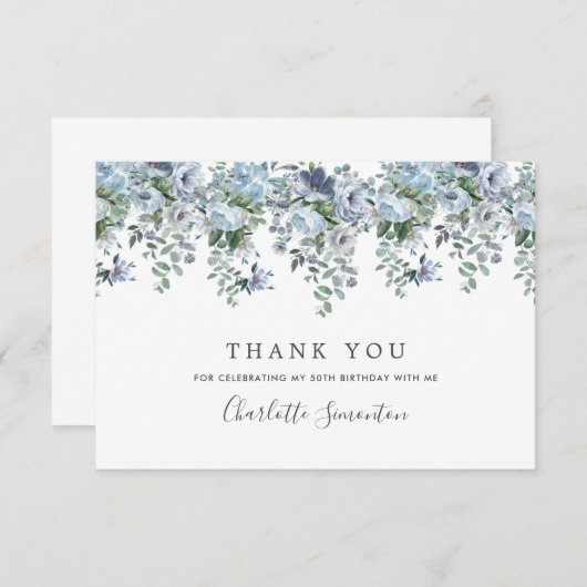 Elegante Classic Dusty Blue Floral 50ste verjaarda Bedankkaart (Voorkant / Achterkant)