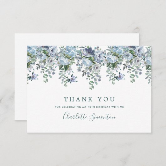 Elegante Classic Dusty Blue Floral 70e verjaardag Bedankkaart (Voorkant / Achterkant)