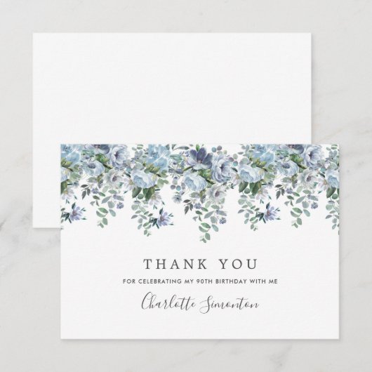 Elegante Classic Dusty Blue Floral 90ste verjaarda Bedankkaart (Voorkant / Achterkant)