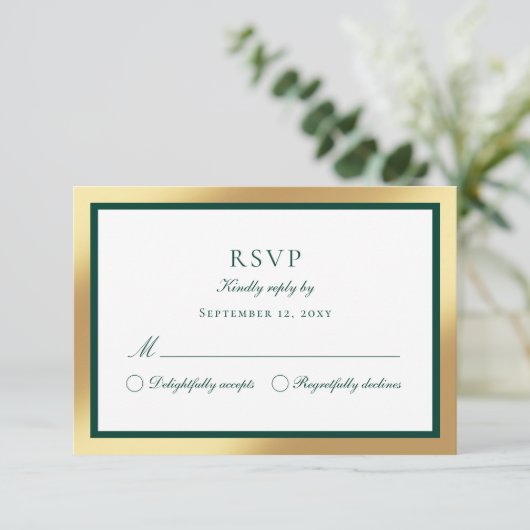 Elegante Classic Faux Gold Emerald Green RSVP-kaar RSVP Kaartje (Staand voorkant)