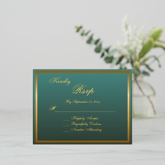 Elegante Classic Gold Script Wedding RSVP Kaart (Staand Voorkant)