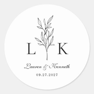 Elegante Classic Leaf Monogram bruiloft Ronde Sticker