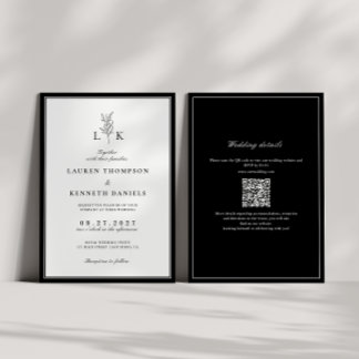 Elegante Classic Leaf Monogram QR Code Wedding Kaart