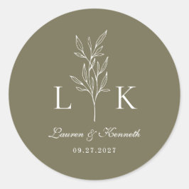 Elegante Classic Leaf Monogram Trouwen Olijfgroen Ronde Sticker