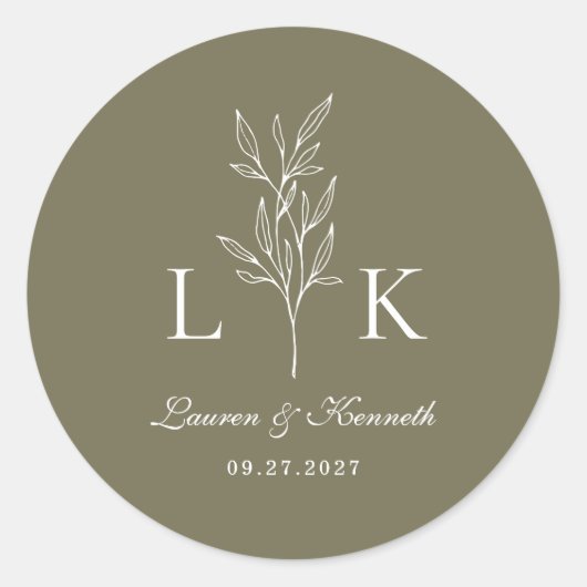 Elegante Classic Leaf Monogram Trouwen Olijfgroen Ronde Sticker (Voorkant)