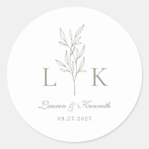 Elegante Classic Leaf Monogram Trouwwijze Groen Ronde Sticker