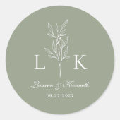 Elegante Classic Leaf Monogram Trouwwijze Groen Ronde Sticker (Voorkant)