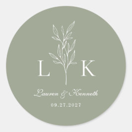 Elegante Classic Leaf Monogram Trouwwijze Groen Ronde Sticker