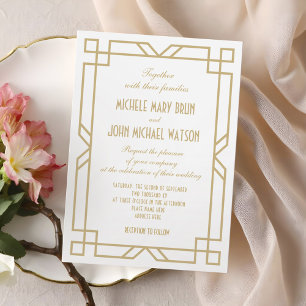 Elegante Classic Lijst Art Deco Gold White Wedding Kaart