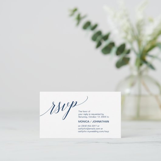 Elegante Classic minimal, Navy Blue Script, RSVP Informatiekaartje (Staand voorkant)