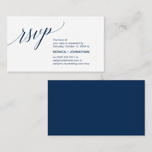 Elegante Classic minimal, Navy Blue Script, RSVP Informatiekaartje (Voorkant / Achterkant)