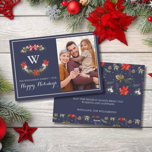 Elegante Classic Monogram Bloemen Happy Holiday Feestdagenkaart