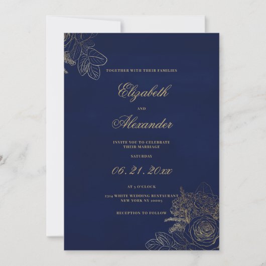 Elegante classic navy blauw goud folie bloemenbrui kaart (Voorkant)