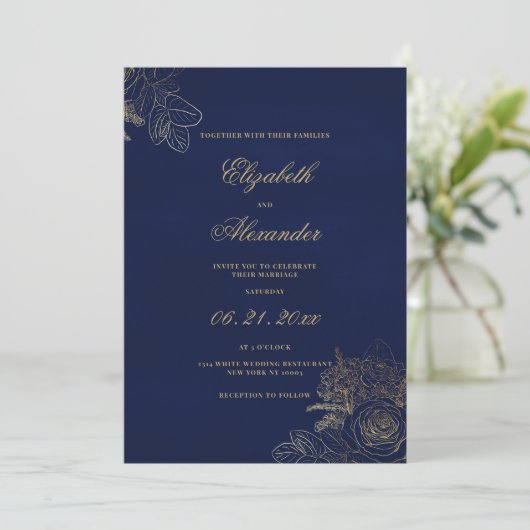 Elegante classic navy blauw goud folie bloemenbrui kaart (Staand voorkant)