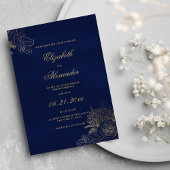 Elegante classic navy blauw goud folie bloemenbrui kaart