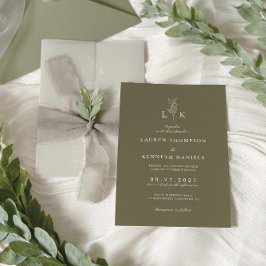 Elegante Classic Olive Green Leaf Monogram Wedding Kaart