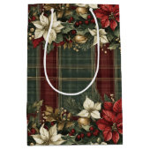 Elegante Classic Plaid Red Poinsettias Holly & Gol Medium Cadeauzakje (Voorkant)
