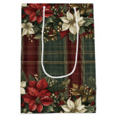Elegante Classic Plaid Red Poinsettias Holly & Gol Medium Cadeauzakje (Achterkant)