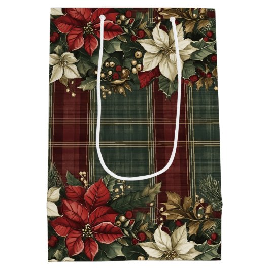 Elegante Classic Plaid Red Poinsettias Holly & Gol Medium Cadeauzakje (Achterkant)
