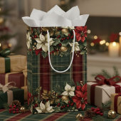 Elegante Classic Plaid Red Poinsettias Holly & Gol Medium Cadeauzakje