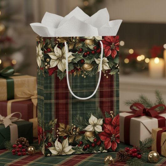 Elegante Classic Plaid Red Poinsettias Holly & Gol Medium Cadeauzakje