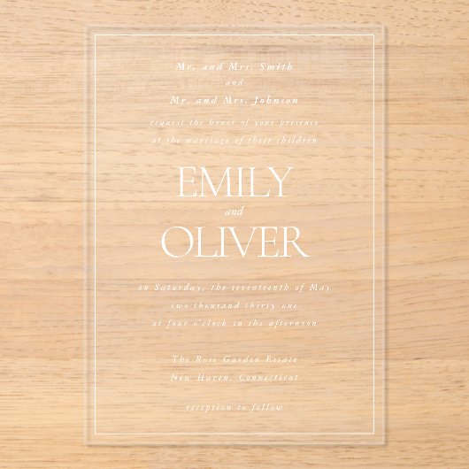 Elegante Classic Witte Lijst Witte Overlay Wedding Acryl Uitnodigingen (Voorkant)