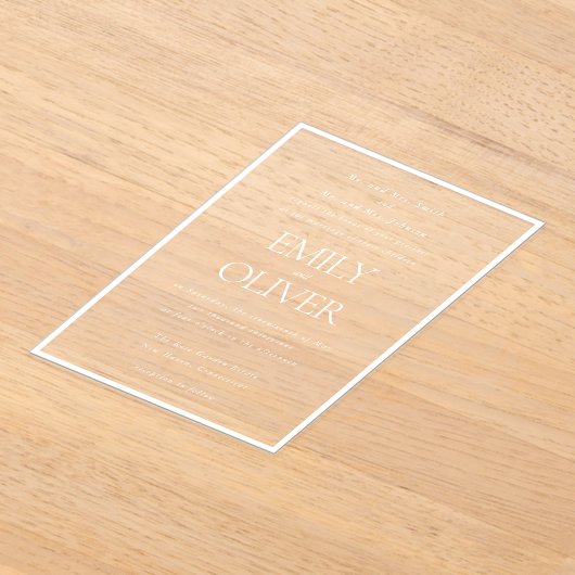 Elegante Classic Witte Lijst Witte Overlay Wedding Acryl Uitnodigingen (Laagn)