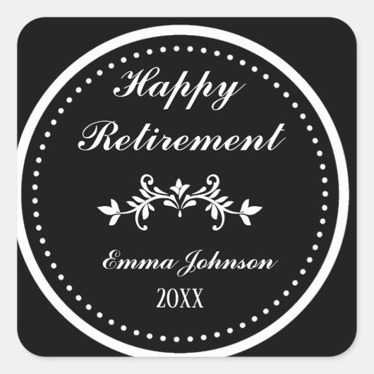 Elegante Classic Zwart & Wit Happy Retirement Vierkante Sticker (Voorkant)