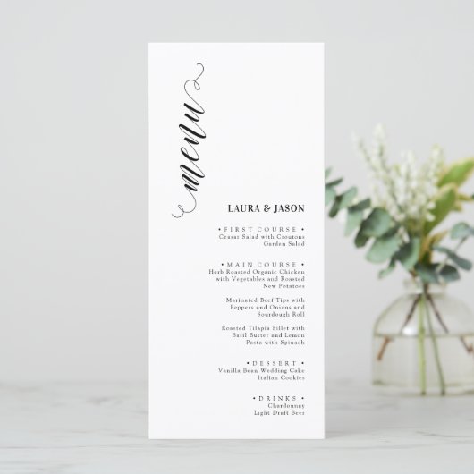 Elegante Classic Zwart-Wit Wedding Menu Kaarten (Staand voorkant)