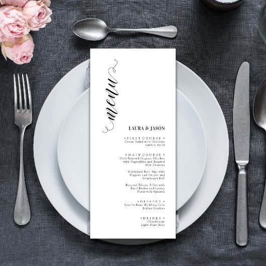 Elegante Classic Zwart-Wit Wedding Menu Kaarten
