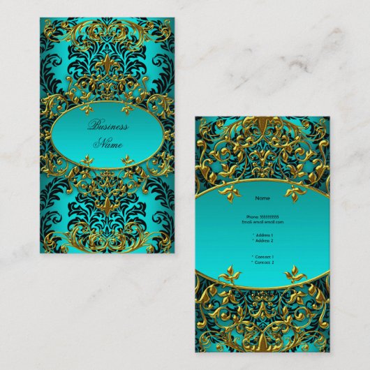Elegante Classy Blauwgroen Blauw Goud Damask Flora Visitekaartje (Voorkant / Achterkant)