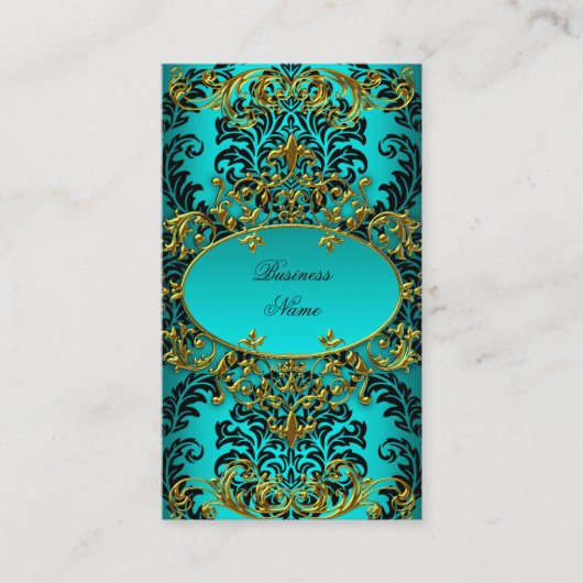 Elegante Classy Blauwgroen Blauw Goud Damask Flora Visitekaartje (Voorkant)