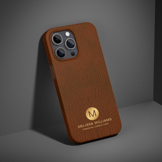 Elegante Classy Brown Faux Leather & Gold Monogram Case-Mate iPhone Case